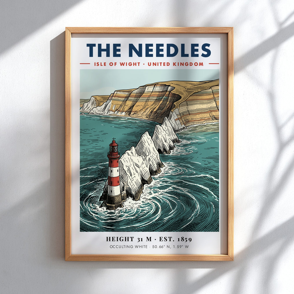 Poster of The Needles lighthouse featuring red and white stripes against chalky cliffs.