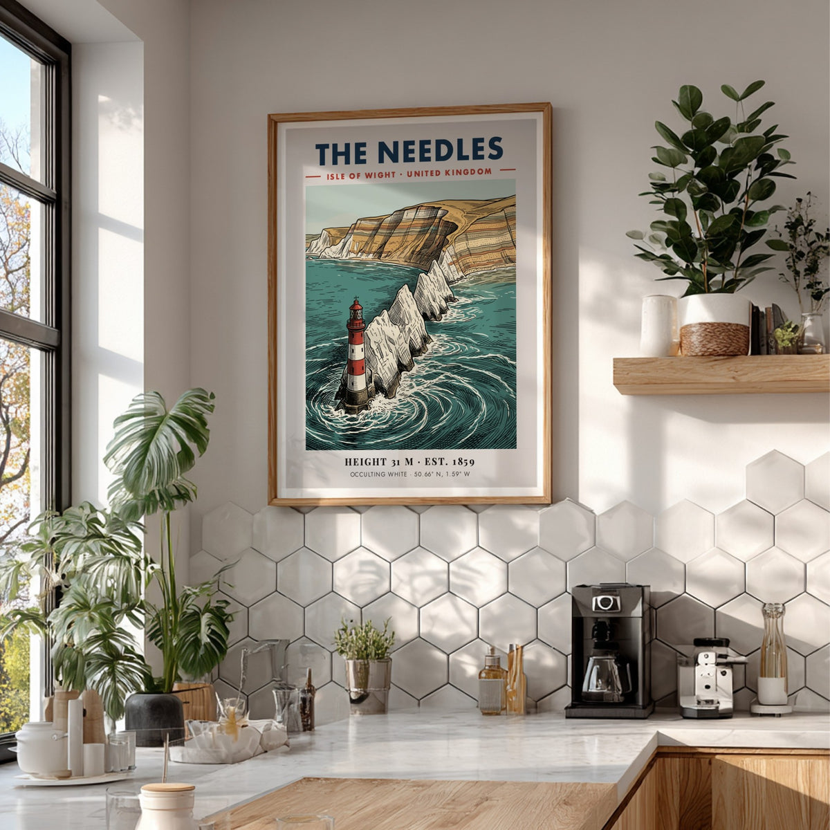 Poster of The Needles lighthouse featuring red and white stripes against chalky cliffs.