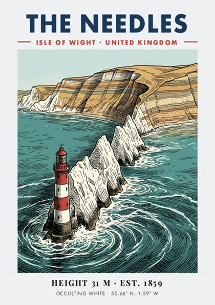 Poster of The Needles lighthouse featuring red and white stripes against chalky cliffs.