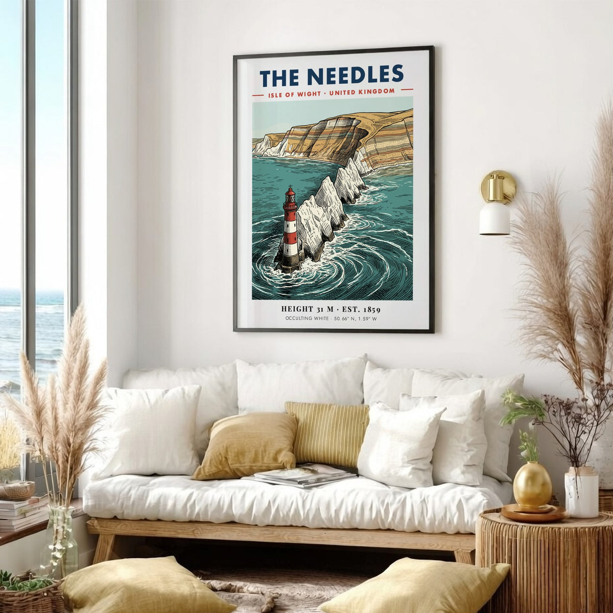 Poster of The Needles lighthouse featuring red and white stripes against chalky cliffs.