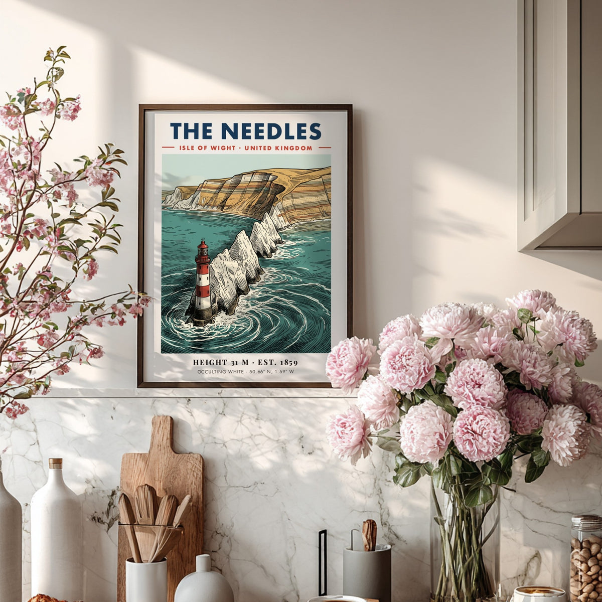 Poster of The Needles lighthouse featuring red and white stripes against chalky cliffs.