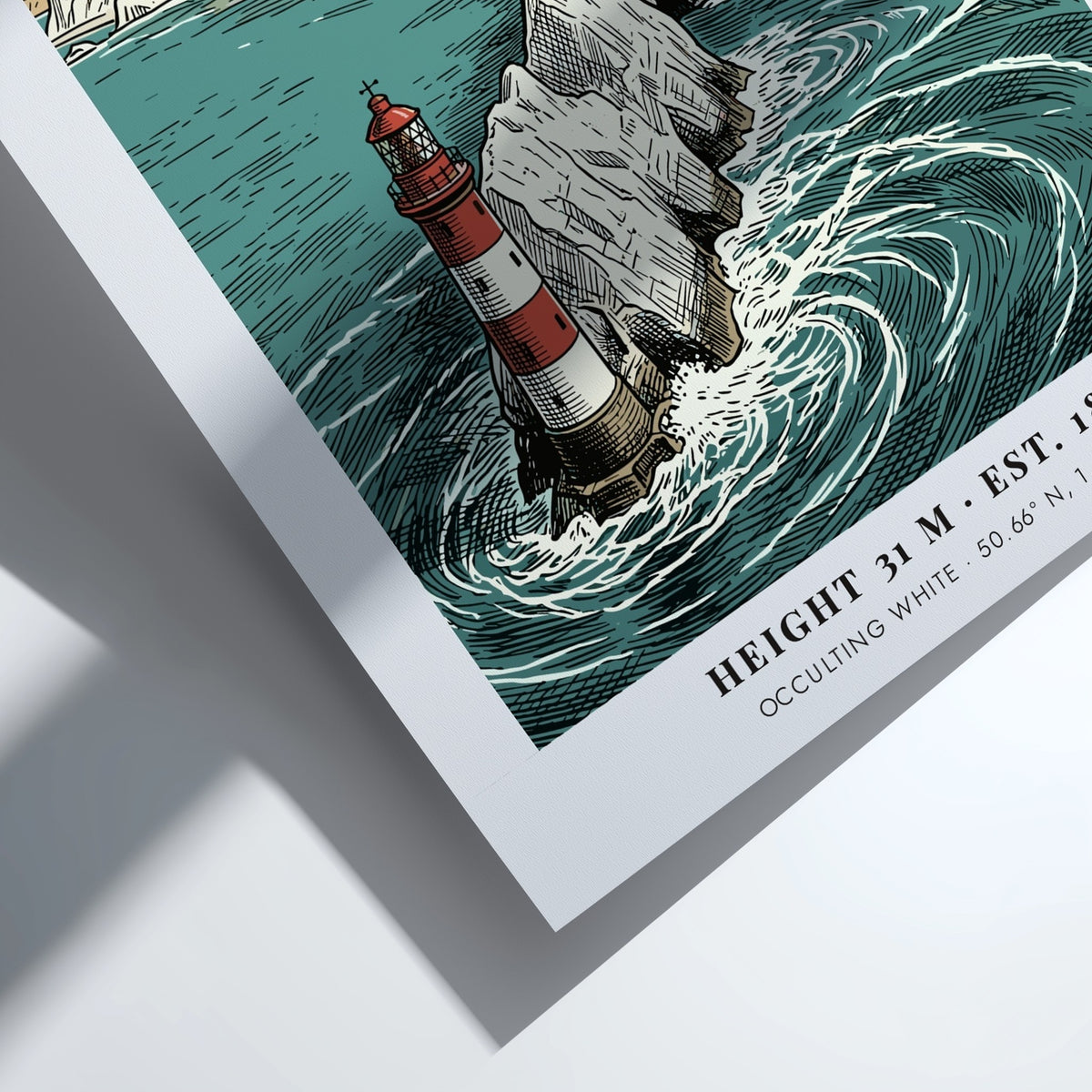 Poster of The Needles lighthouse featuring red and white stripes against chalky cliffs.