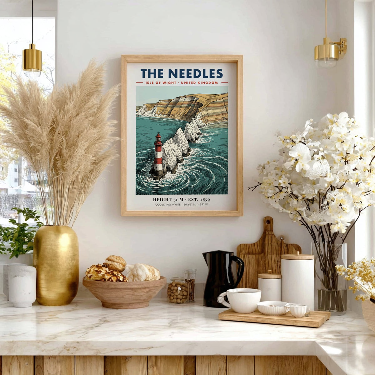 Poster of The Needles lighthouse featuring red and white stripes against chalky cliffs.