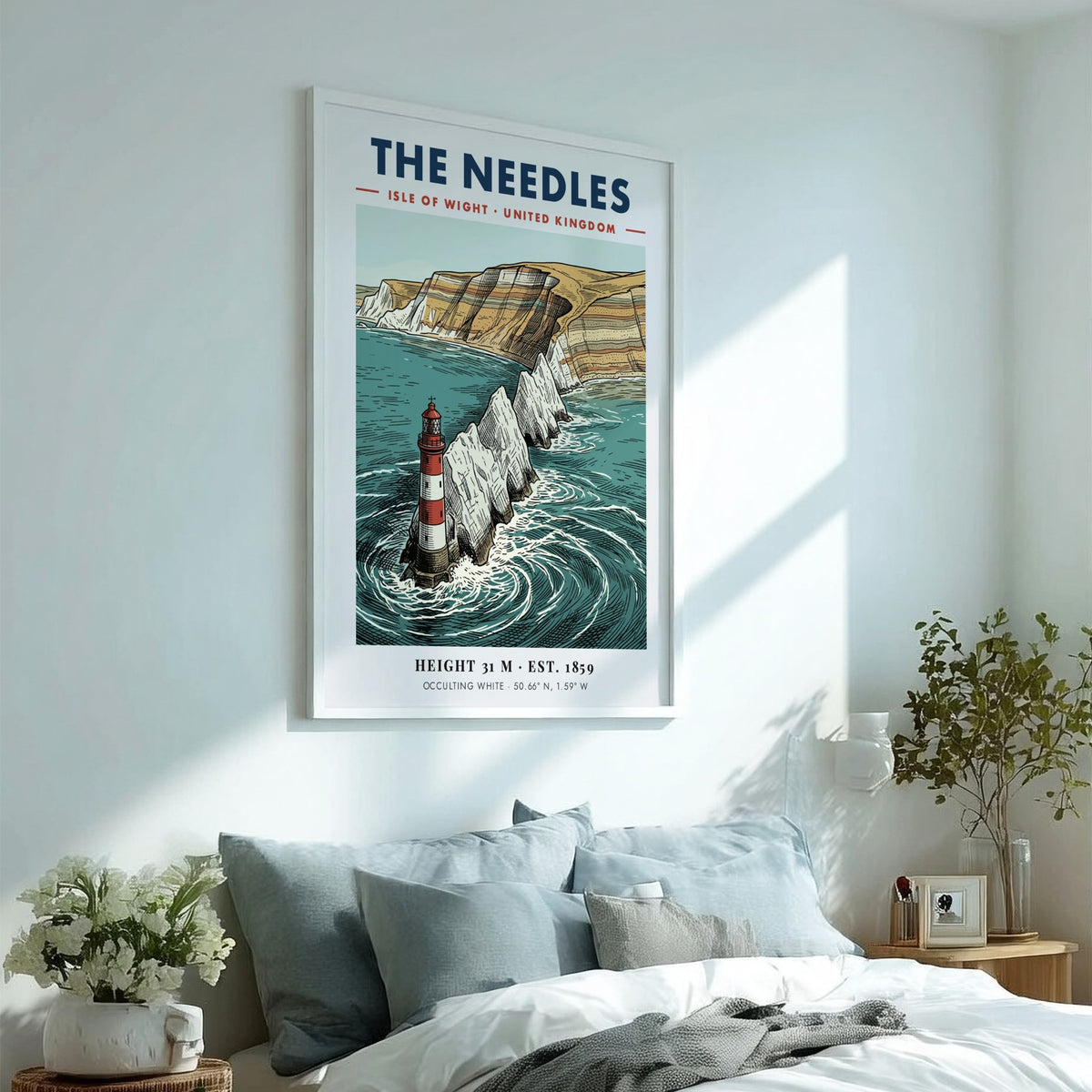 Poster of The Needles lighthouse featuring red and white stripes against chalky cliffs.