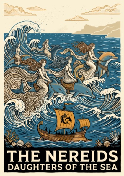 Poster featuring mythological Nereids riding dolphins through blue waves with a sailing ship