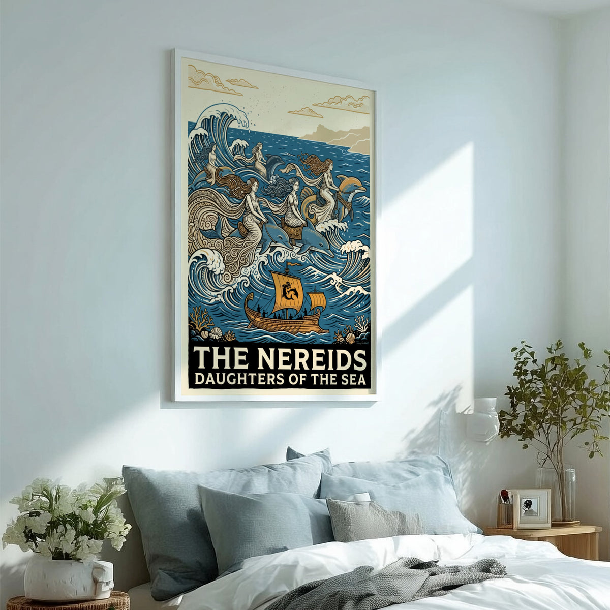 Poster featuring mythological Nereids riding dolphins through blue waves with a sailing ship