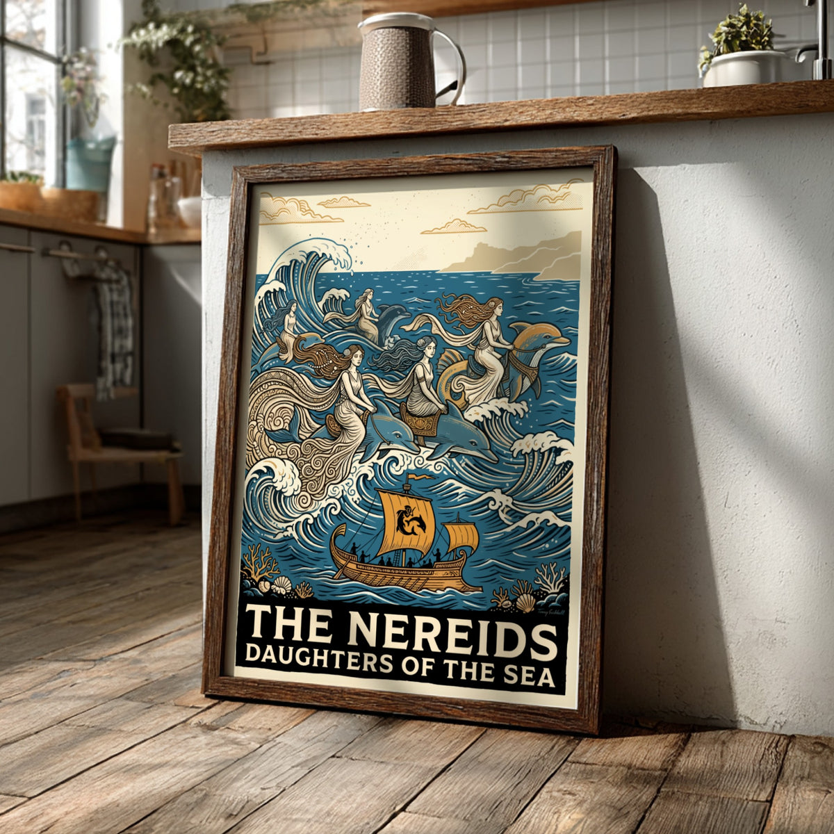 Poster featuring mythological Nereids riding dolphins through blue waves with a sailing ship
