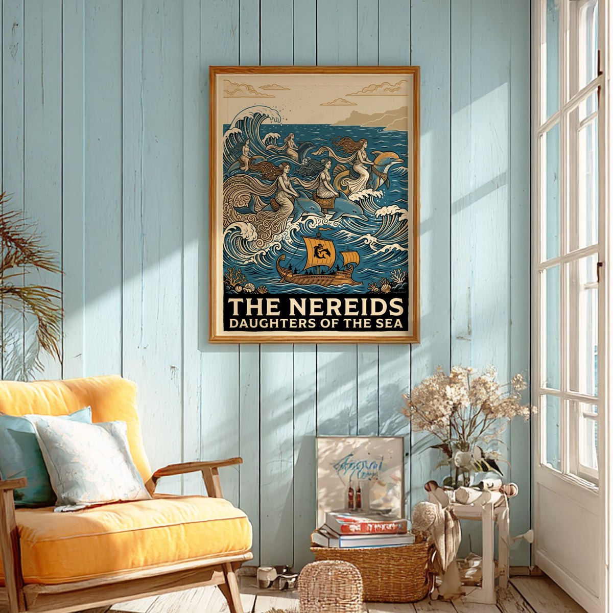Poster featuring mythological Nereids riding dolphins through blue waves with a sailing ship