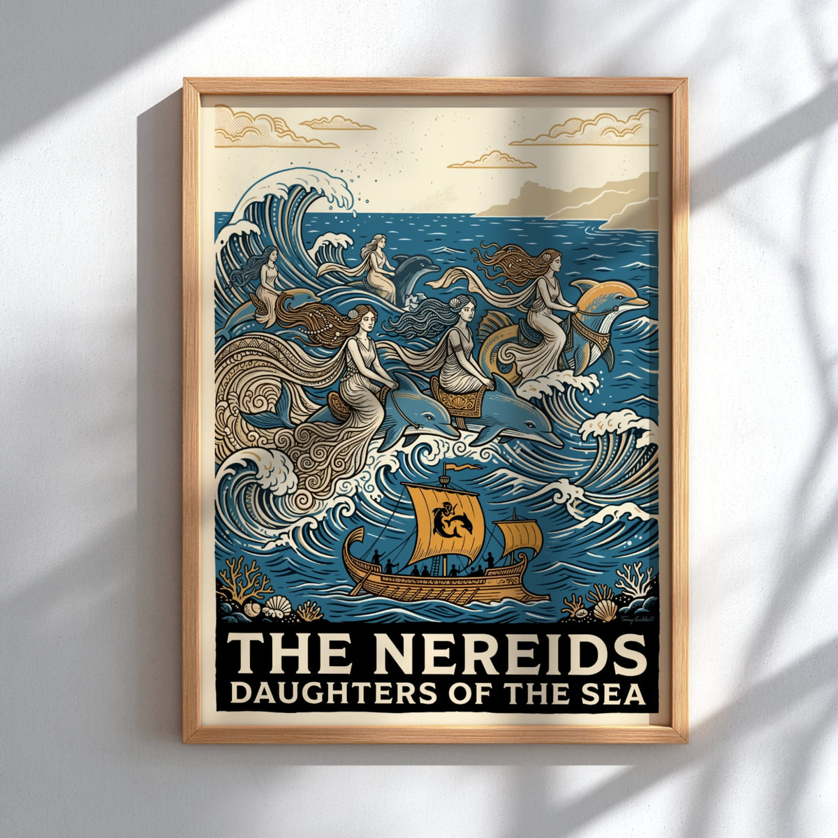 Poster featuring mythological Nereids riding dolphins through blue waves with a sailing ship