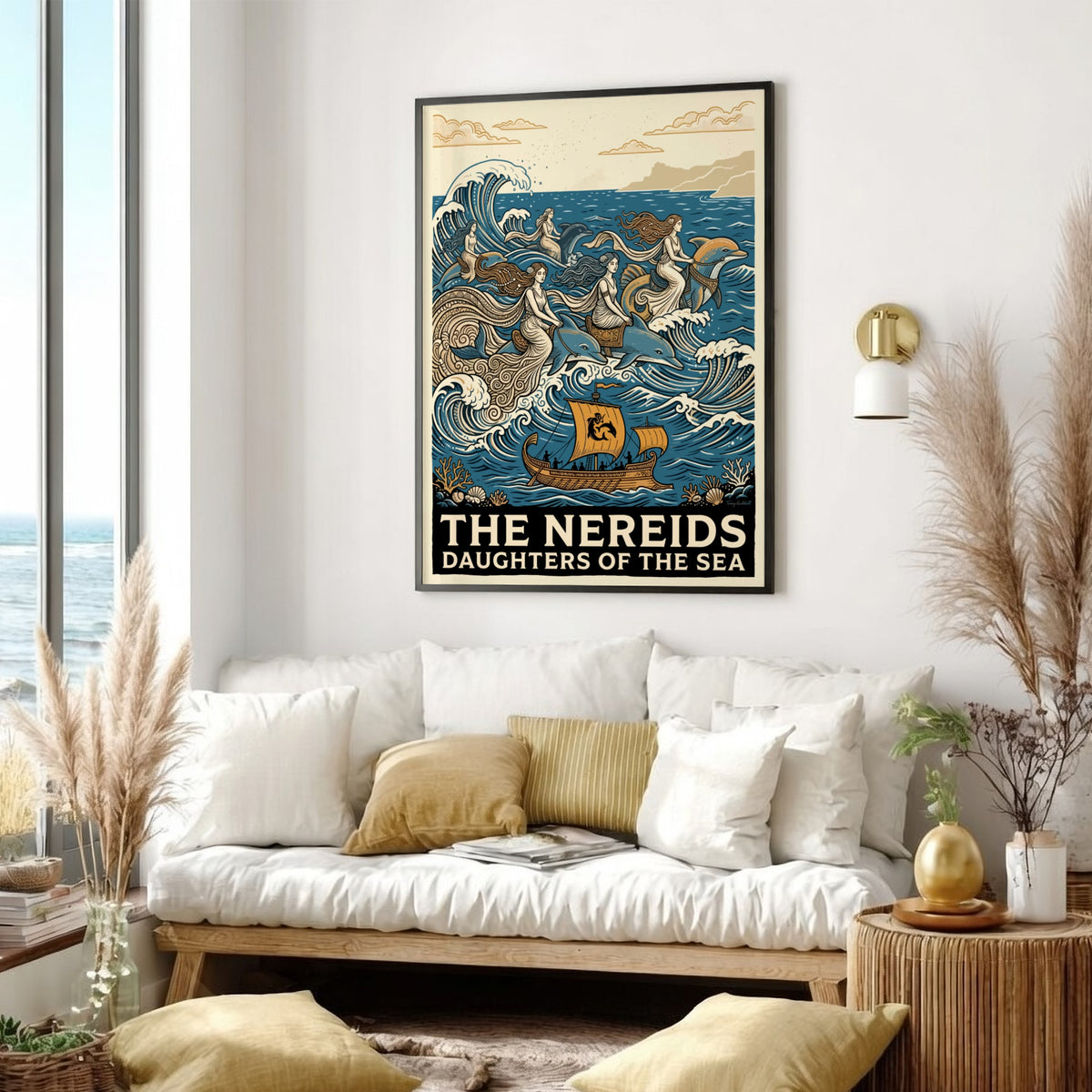 Poster featuring mythological Nereids riding dolphins through blue waves with a sailing ship