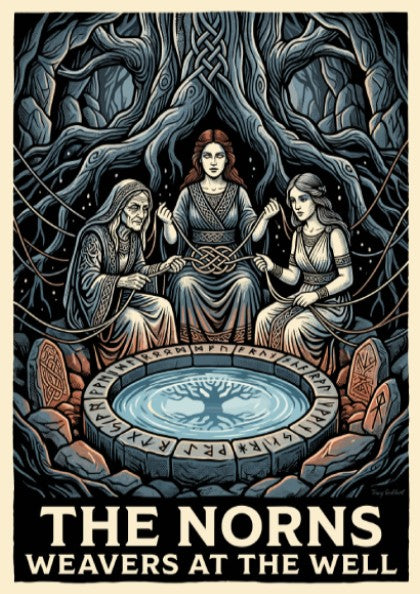 Poster of The Norns Weavers at the Well with runic carvings and tangled roots
