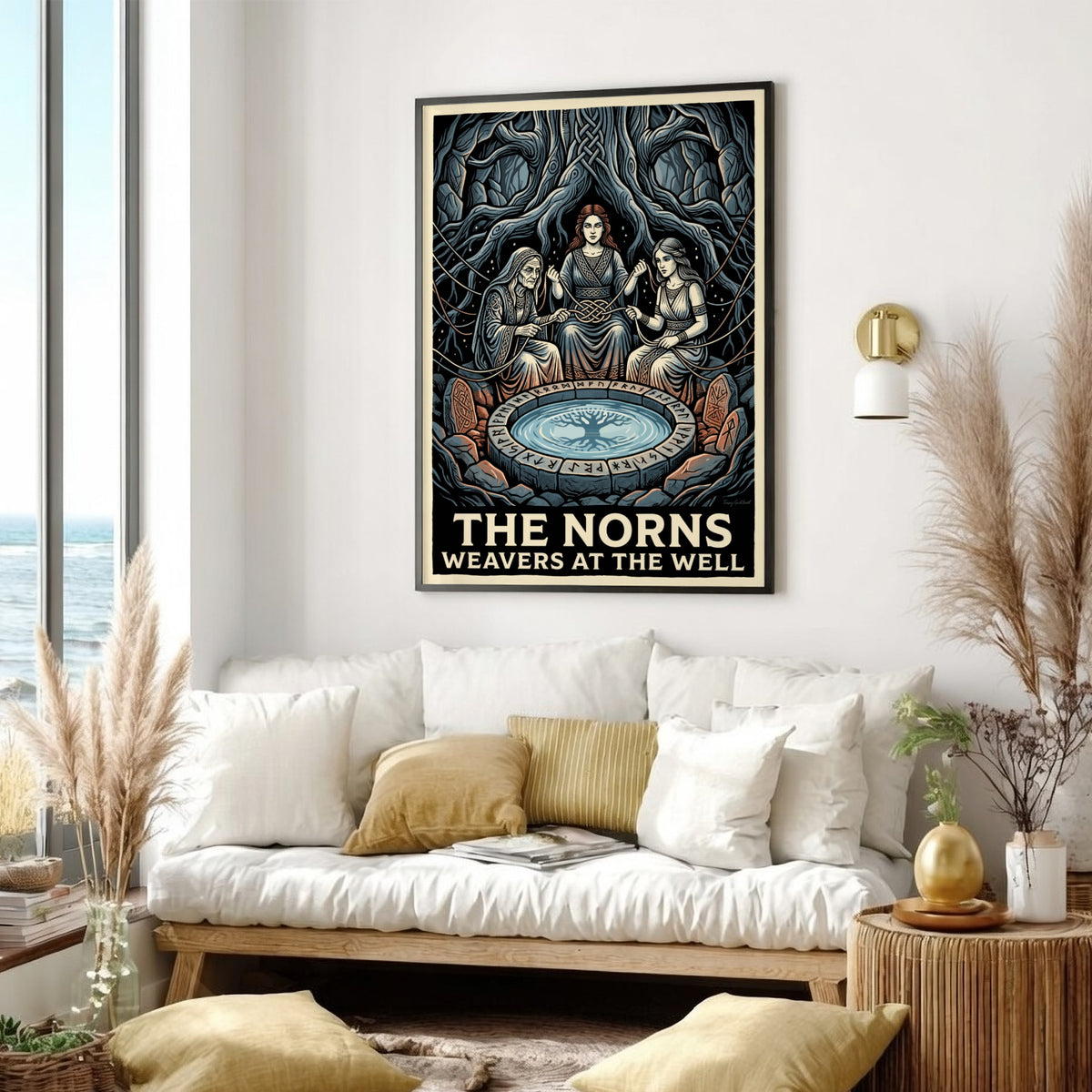 Poster of The Norns Weavers at the Well with runic carvings and tangled roots