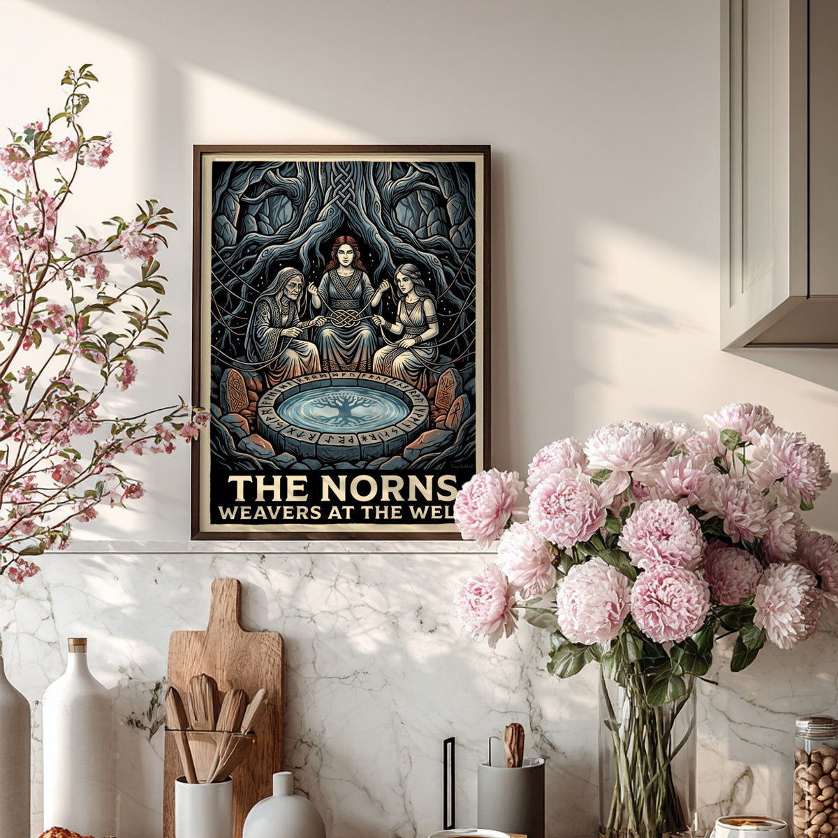 Poster of The Norns Weavers at the Well with runic carvings and tangled roots