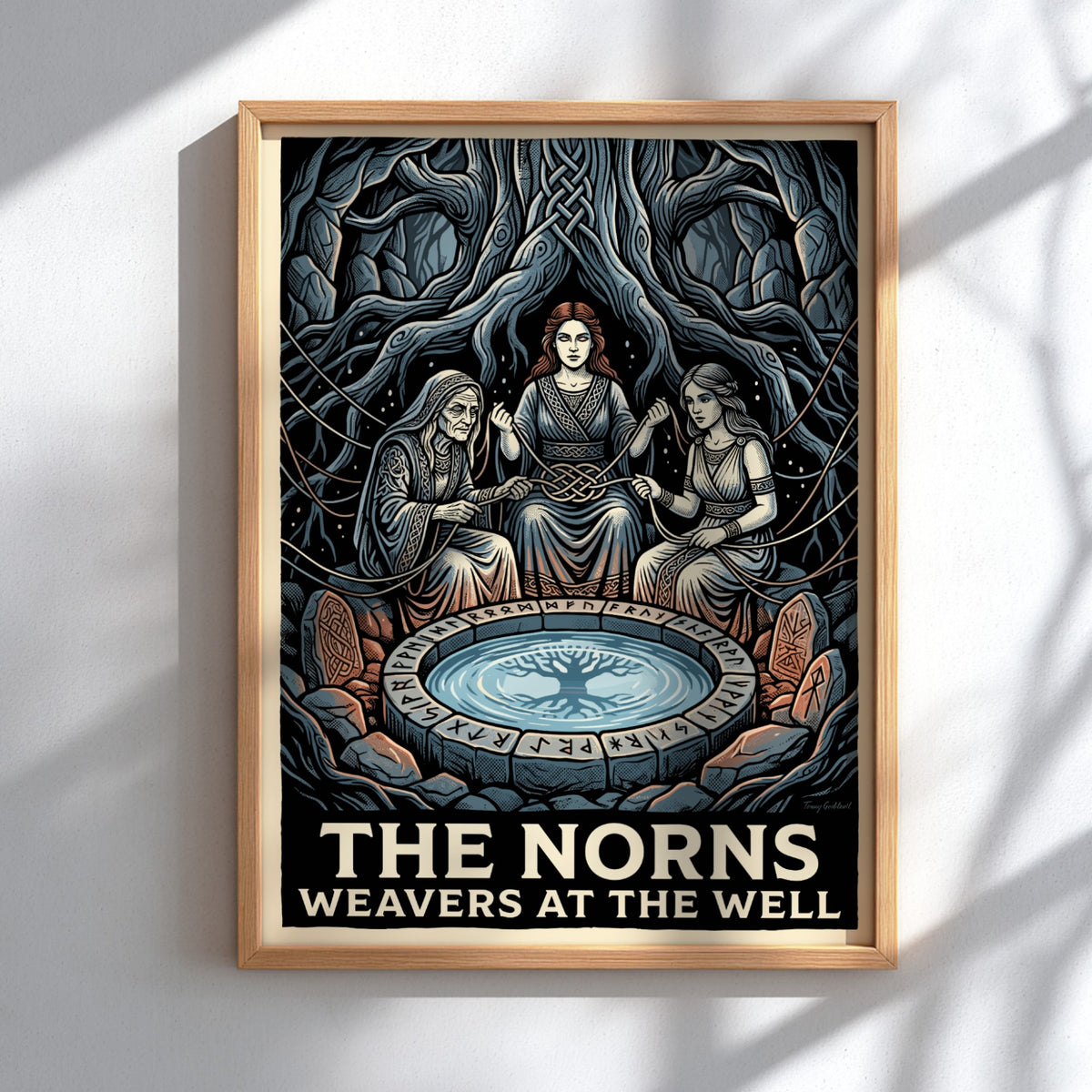 Poster of The Norns Weavers at the Well with runic carvings and tangled roots