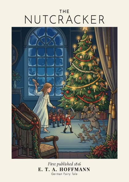 Nutcracker poster featuring a toy soldier fighting mice under a glowing Christmas tree