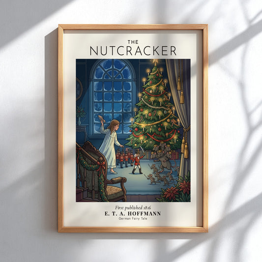 Nutcracker poster featuring a toy soldier fighting mice under a glowing Christmas tree