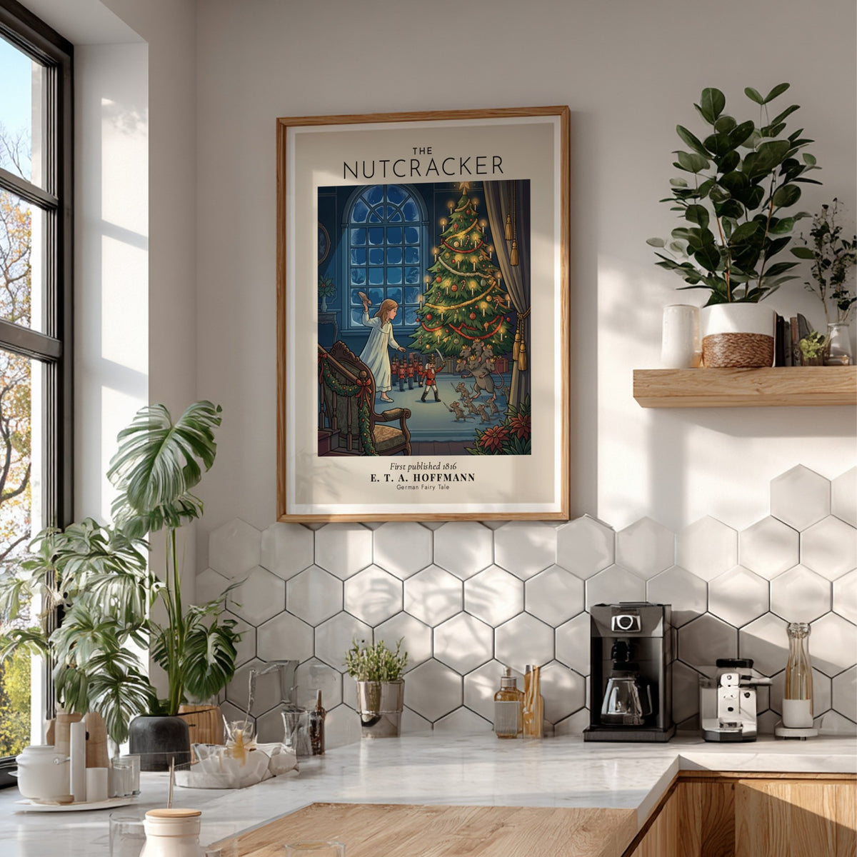 Nutcracker poster featuring a toy soldier fighting mice under a glowing Christmas tree