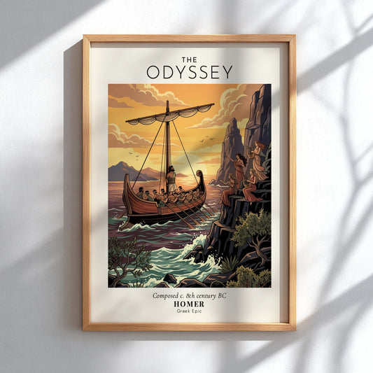 Poster featuring a ship with Odysseus passing sirens under a warm golden sunset sky