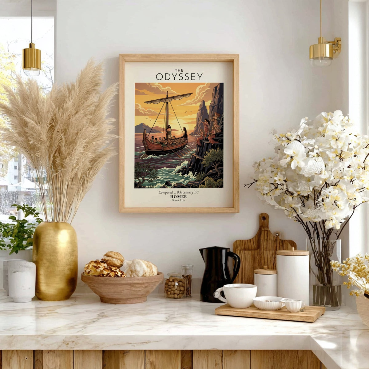 Poster featuring a ship with Odysseus passing sirens under a warm golden sunset sky
