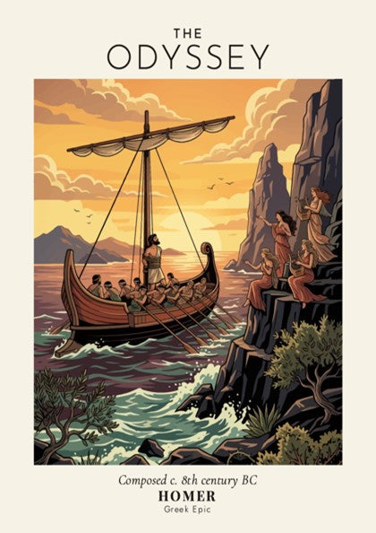 Poster featuring a ship with Odysseus passing sirens under a warm golden sunset sky