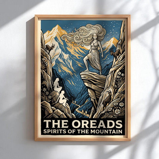 Poster featuring Oreads nymphs on mountains with goats in a woodcut blue style.