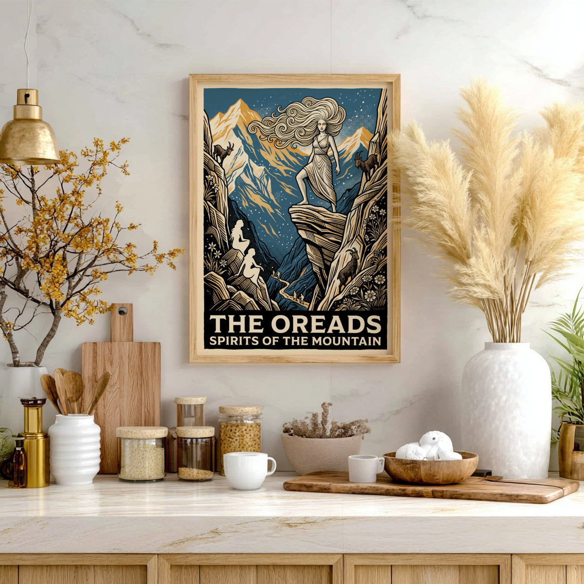 Poster featuring Oreads nymphs on mountains with goats in a woodcut blue style.