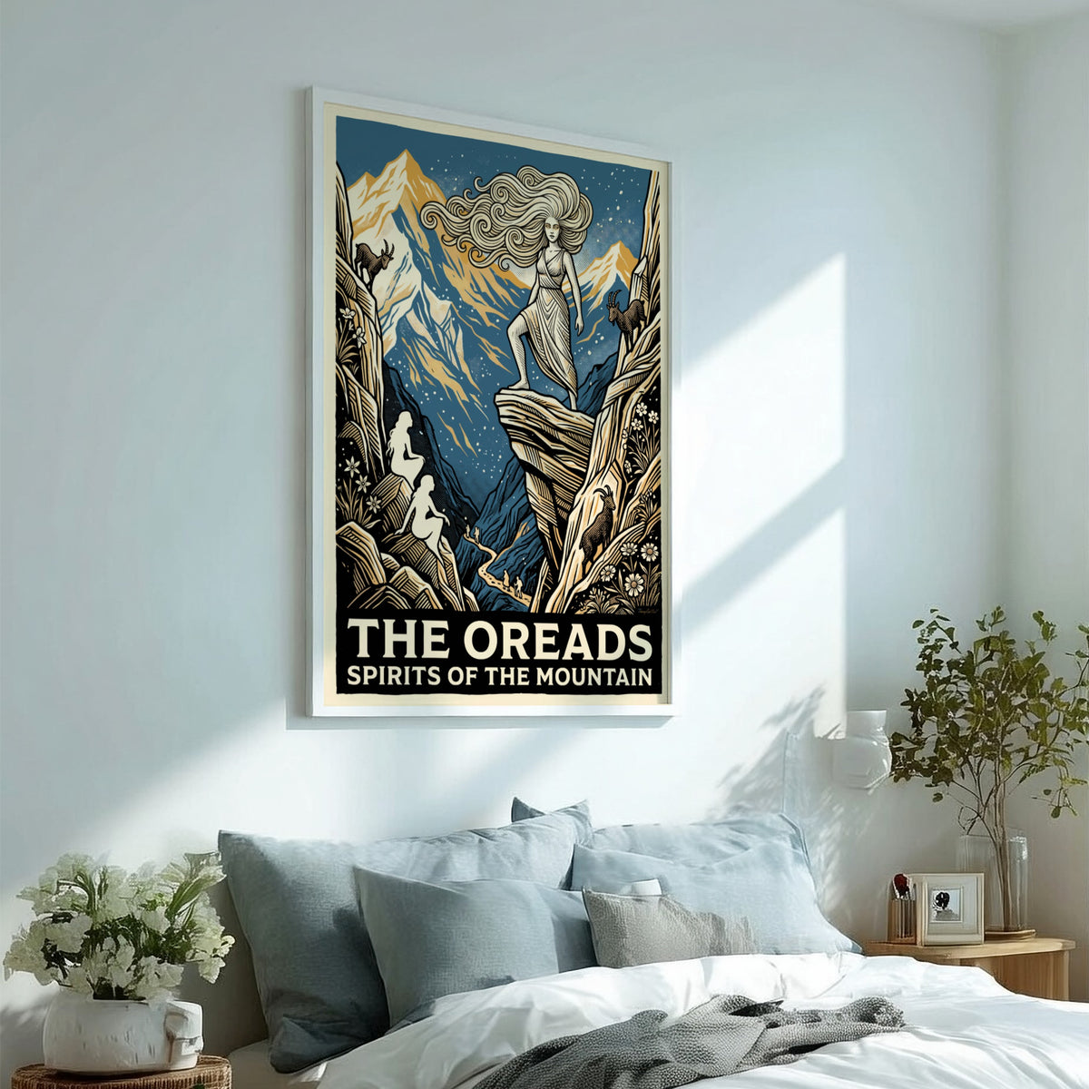 Poster featuring Oreads nymphs on mountains with goats in a woodcut blue style.