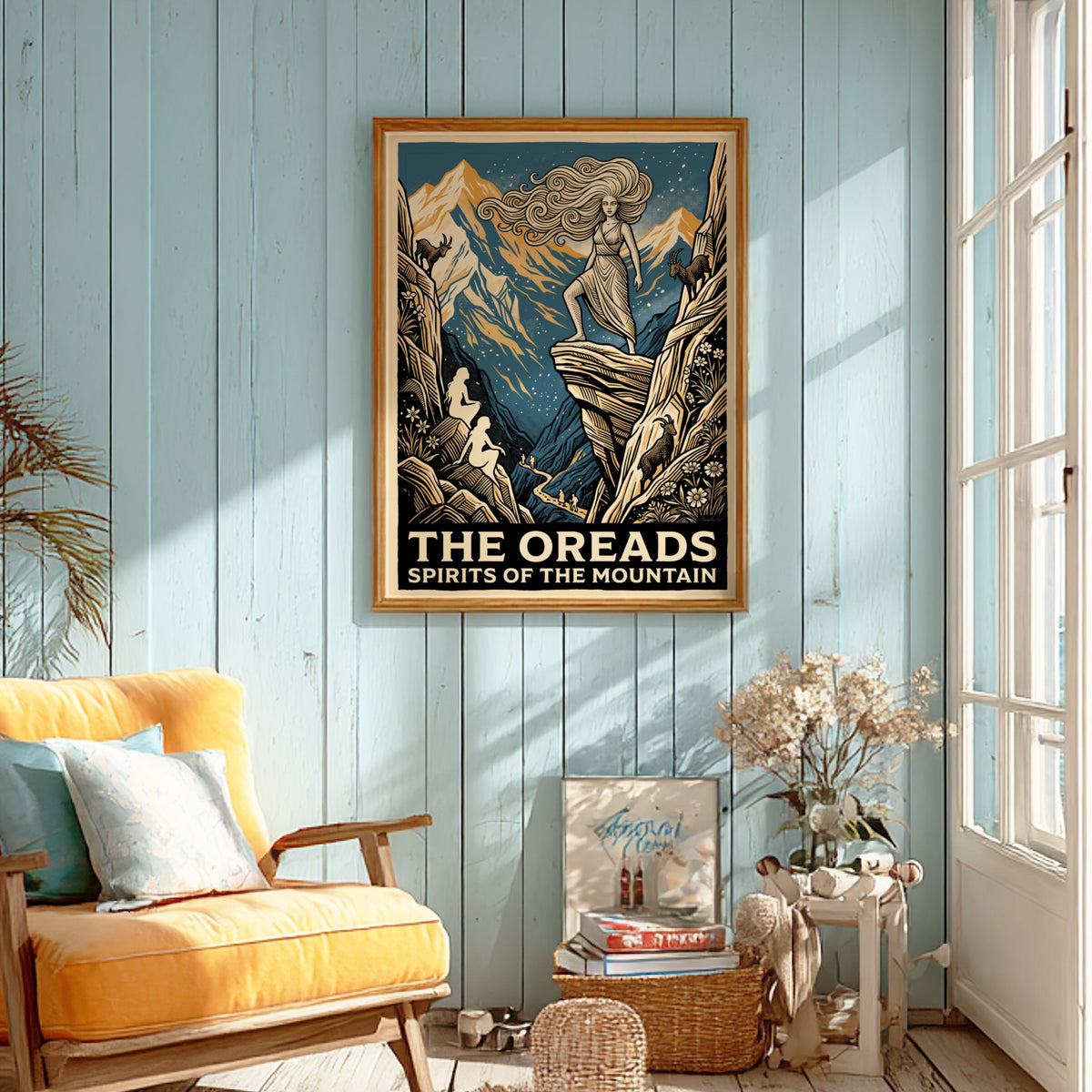 Poster featuring Oreads nymphs on mountains with goats in a woodcut blue style.