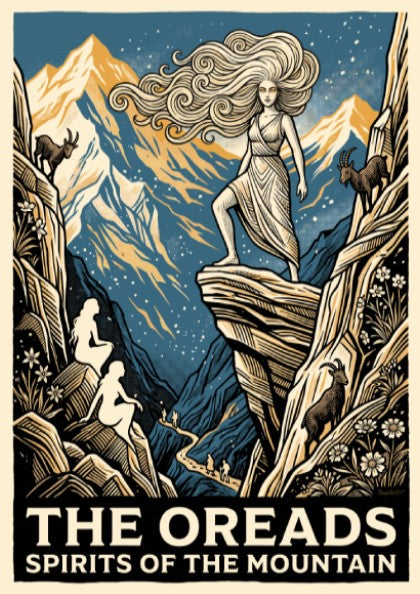 Poster featuring Oreads nymphs on mountains with goats in a woodcut blue style.