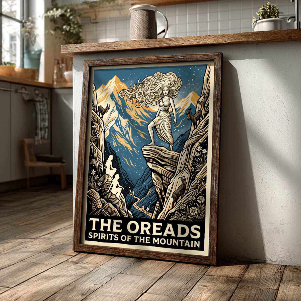 Poster featuring Oreads nymphs on mountains with goats in a woodcut blue style.