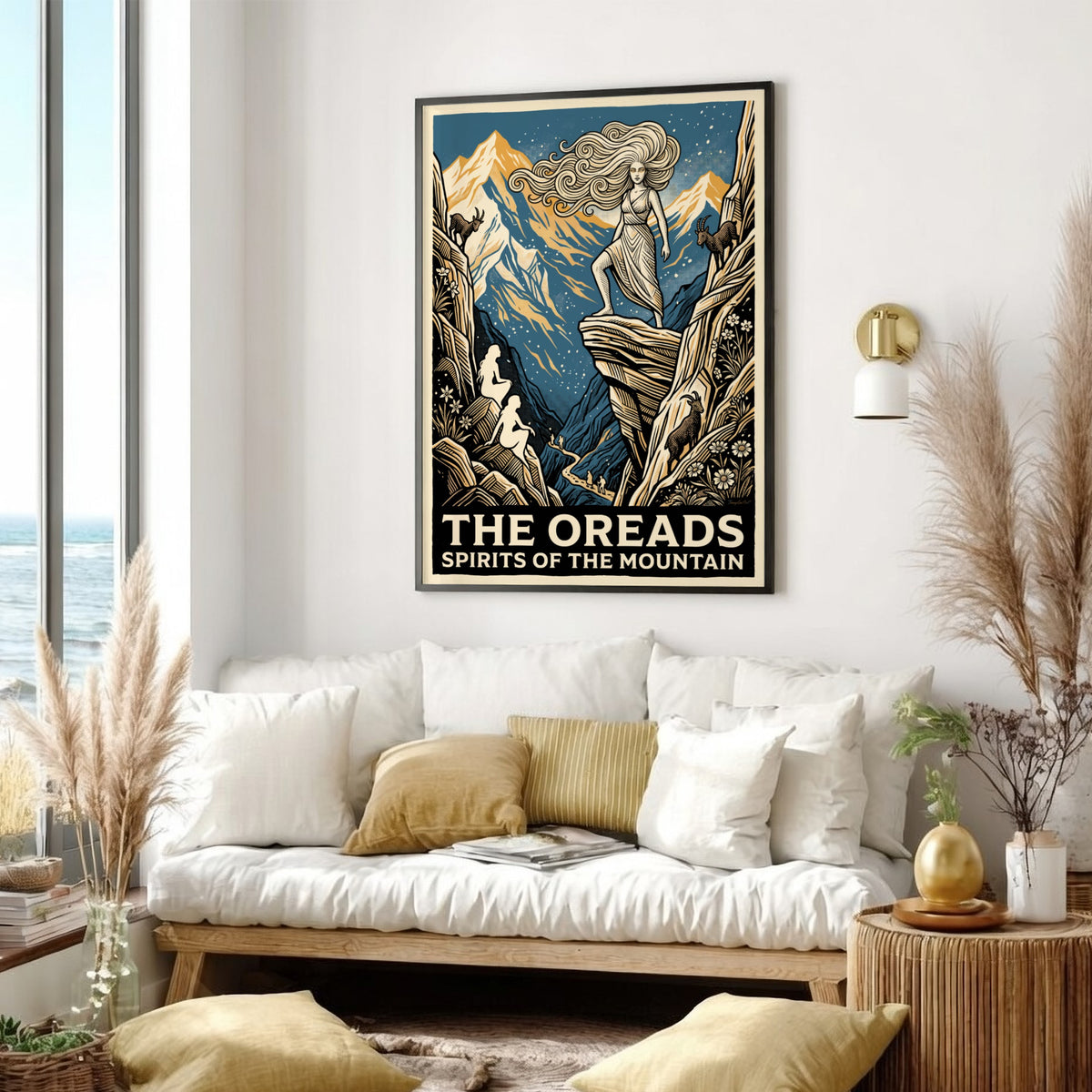 Poster featuring Oreads nymphs on mountains with goats in a woodcut blue style.