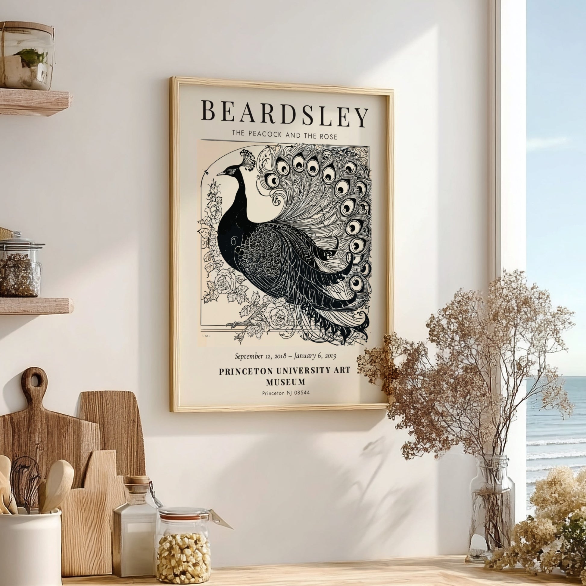 Aubrey Beardsley poster featuring The Peacock and the Rose in intricate black and white design