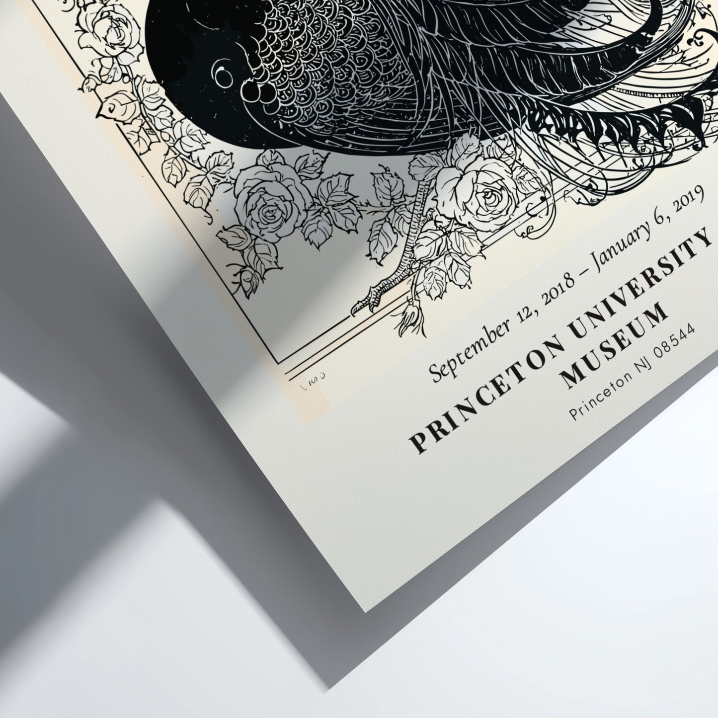 Aubrey Beardsley poster featuring The Peacock and the Rose in intricate black and white design
