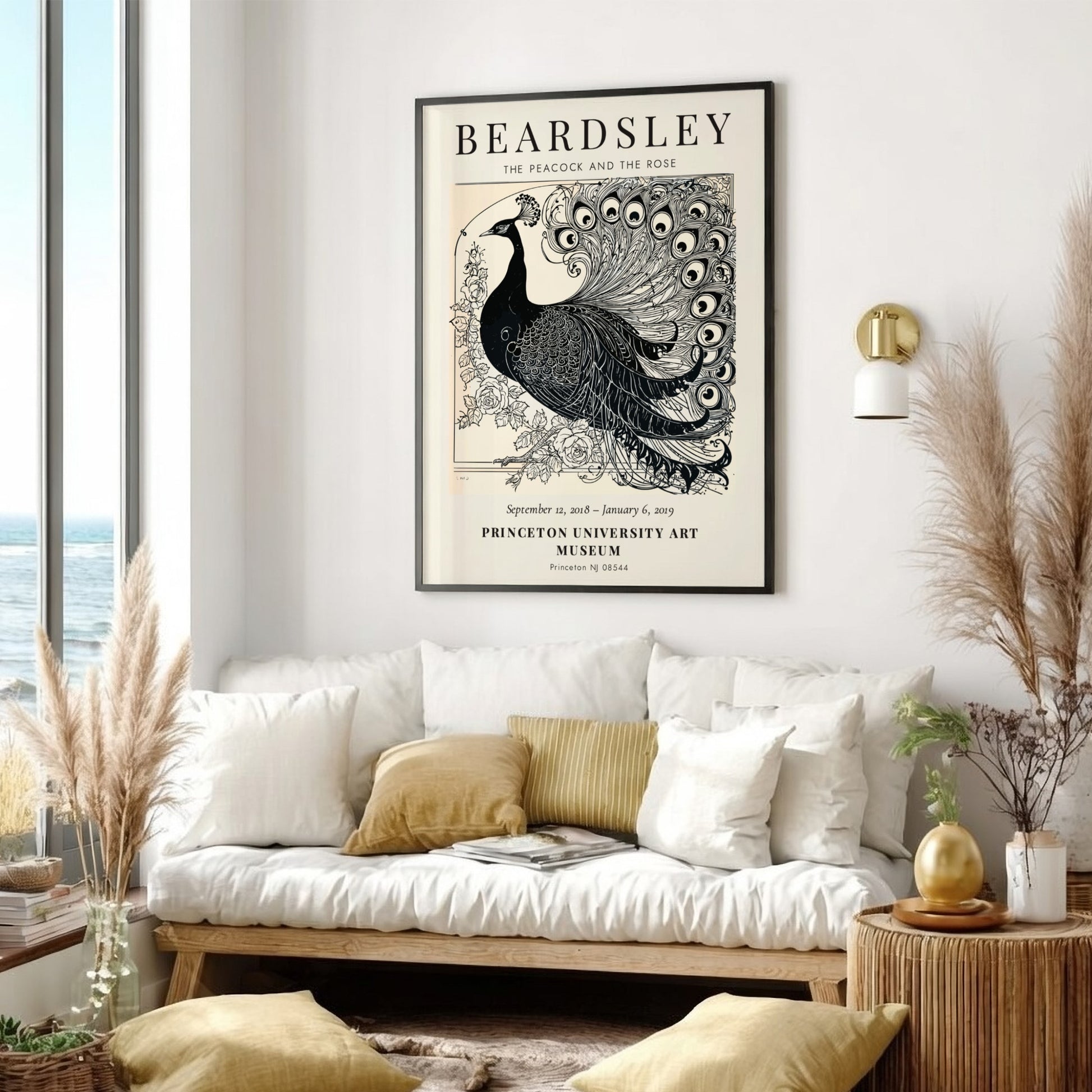 Aubrey Beardsley poster featuring The Peacock and the Rose in intricate black and white design