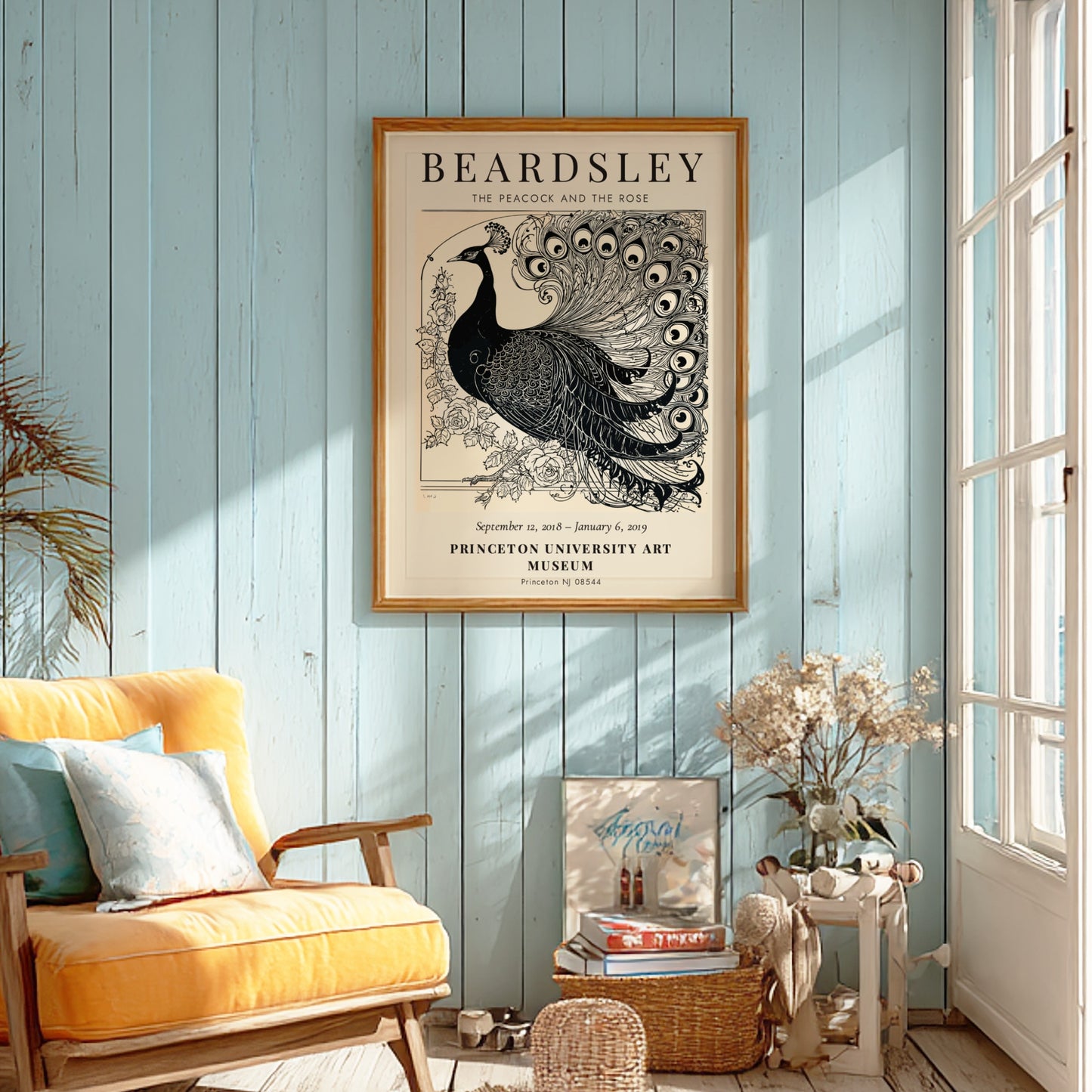 Aubrey Beardsley poster featuring The Peacock and the Rose in intricate black and white design