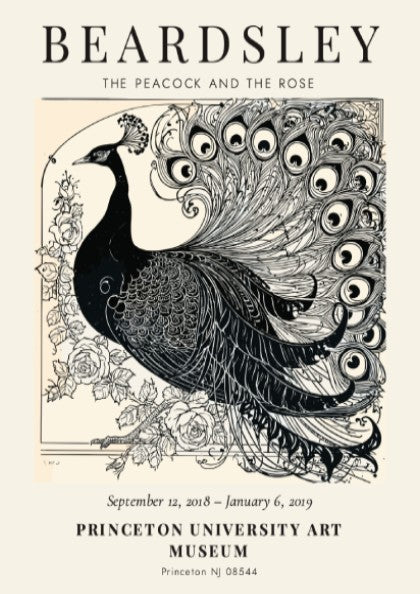 Aubrey Beardsley poster featuring The Peacock and the Rose in intricate black and white design