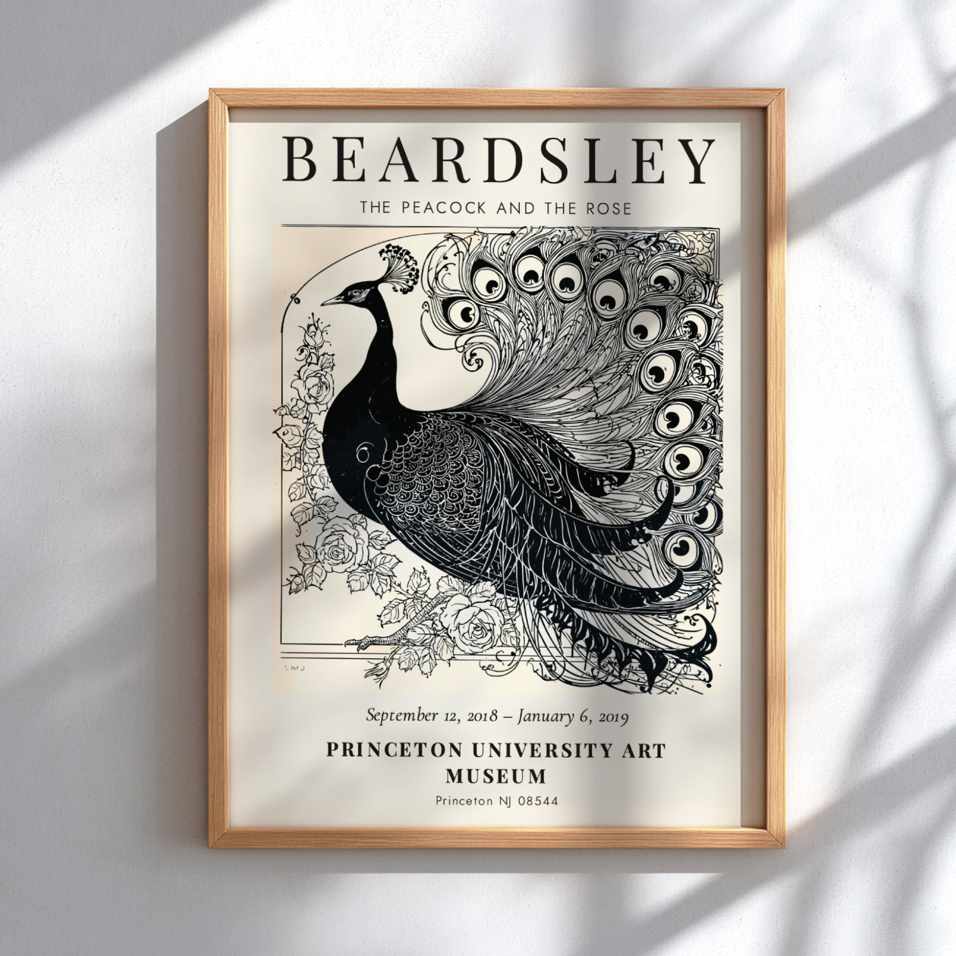 Aubrey Beardsley poster featuring The Peacock and the Rose in intricate black and white design