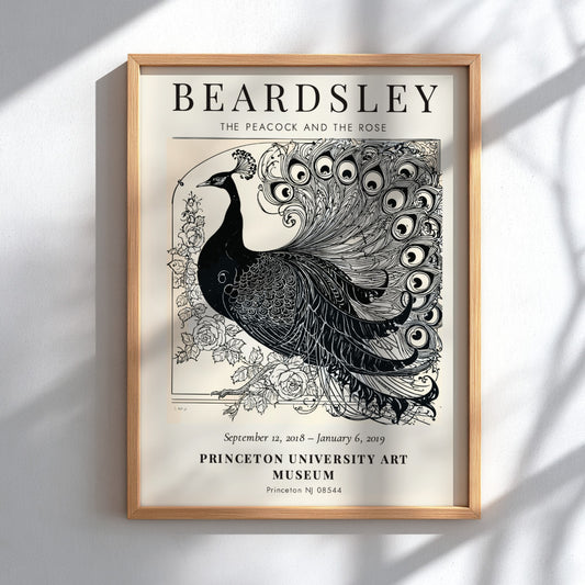 Aubrey Beardsley poster featuring The Peacock and the Rose in intricate black and white design