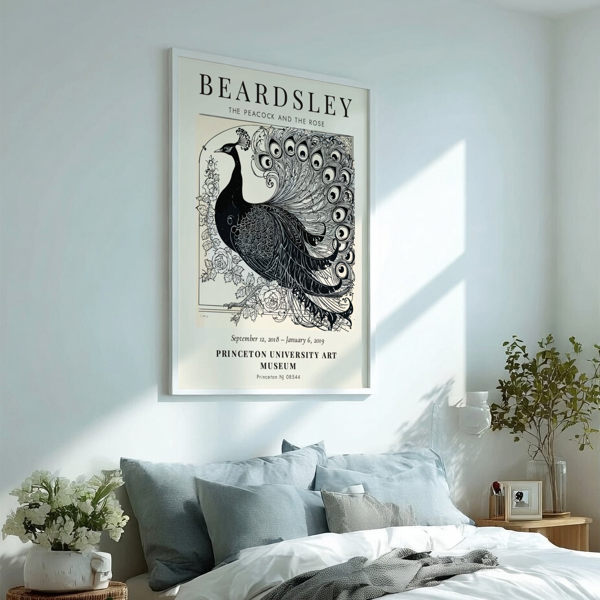Aubrey Beardsley poster featuring The Peacock and the Rose in intricate black and white design