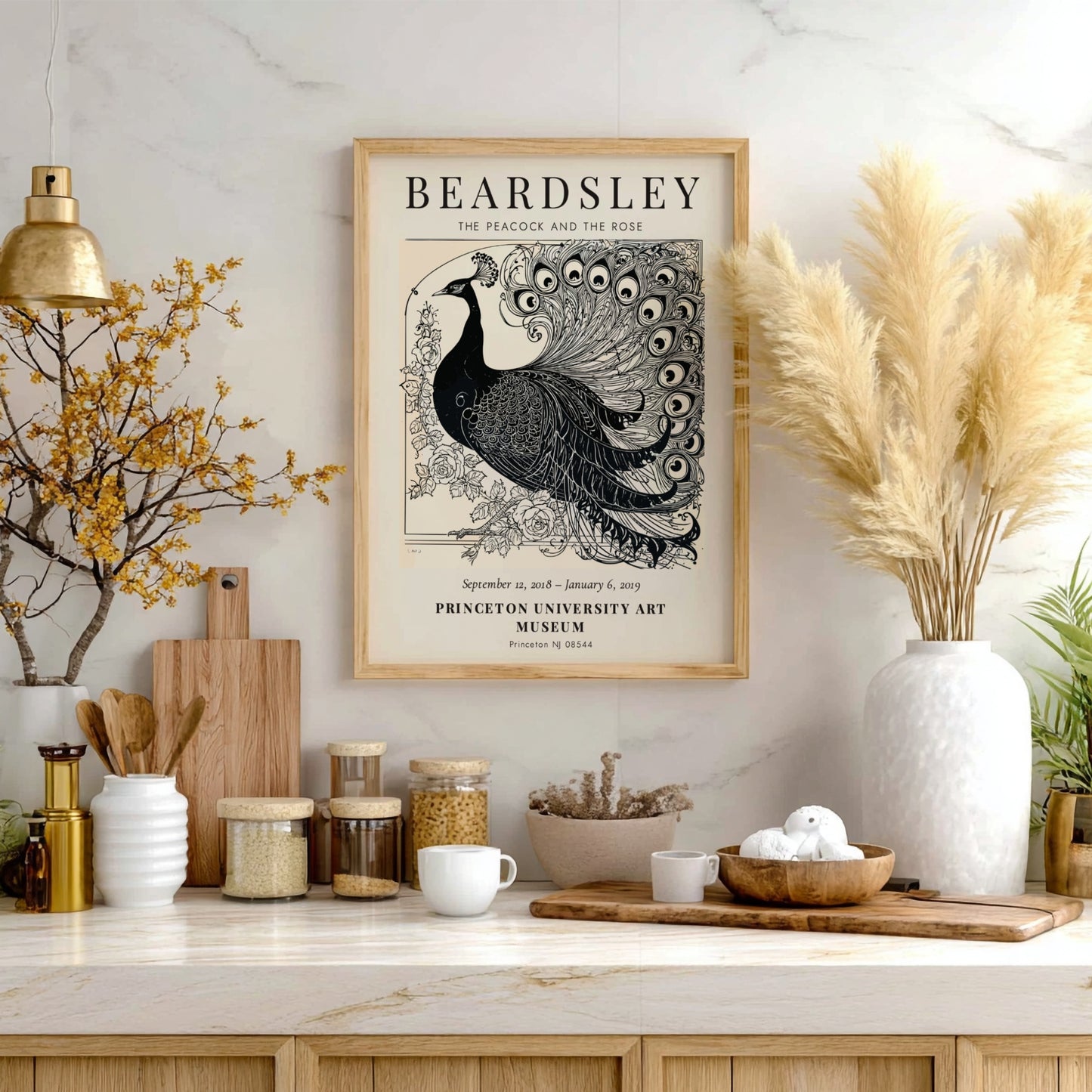 Aubrey Beardsley poster featuring The Peacock and the Rose in intricate black and white design