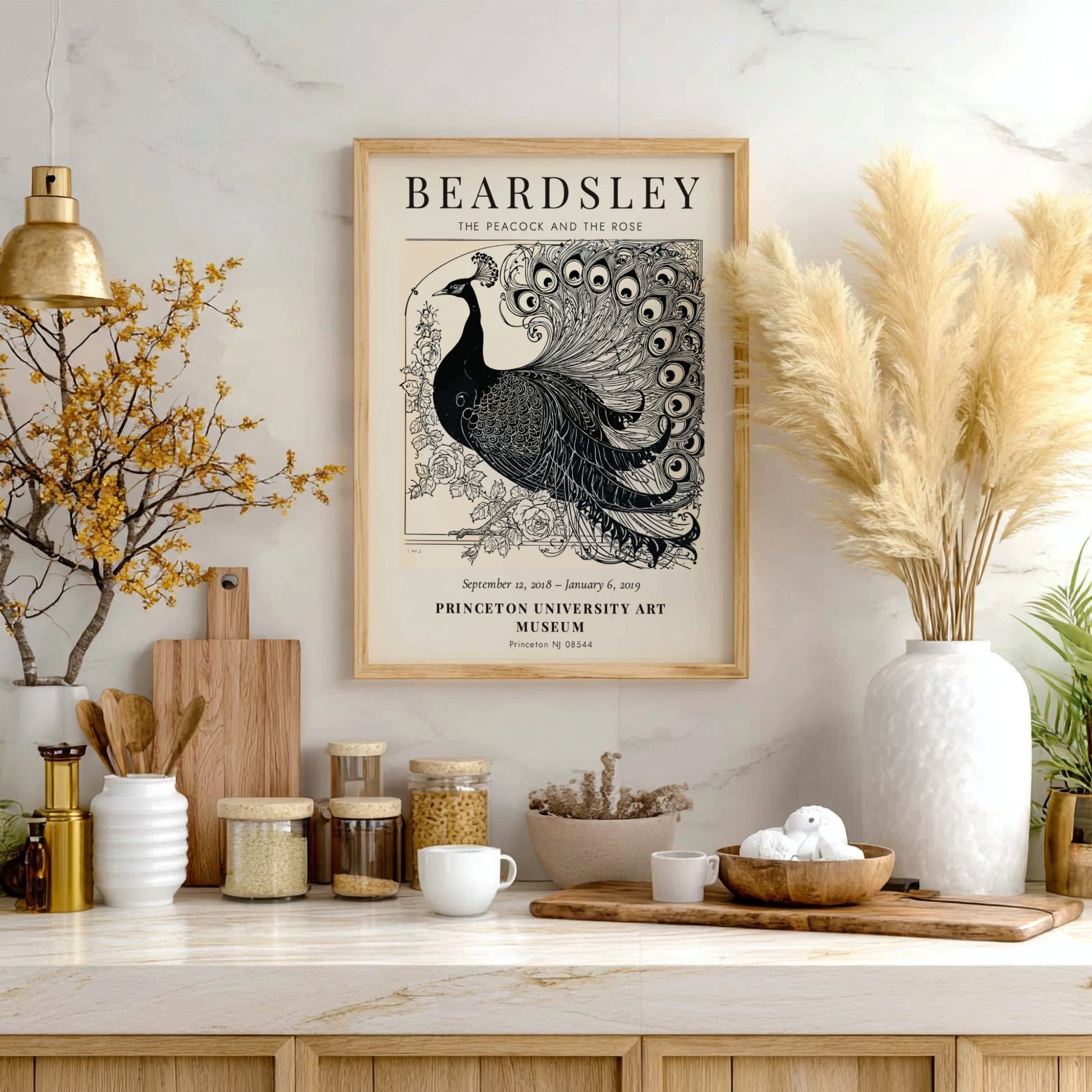 Aubrey Beardsley poster featuring The Peacock and the Rose in intricate black and white design
