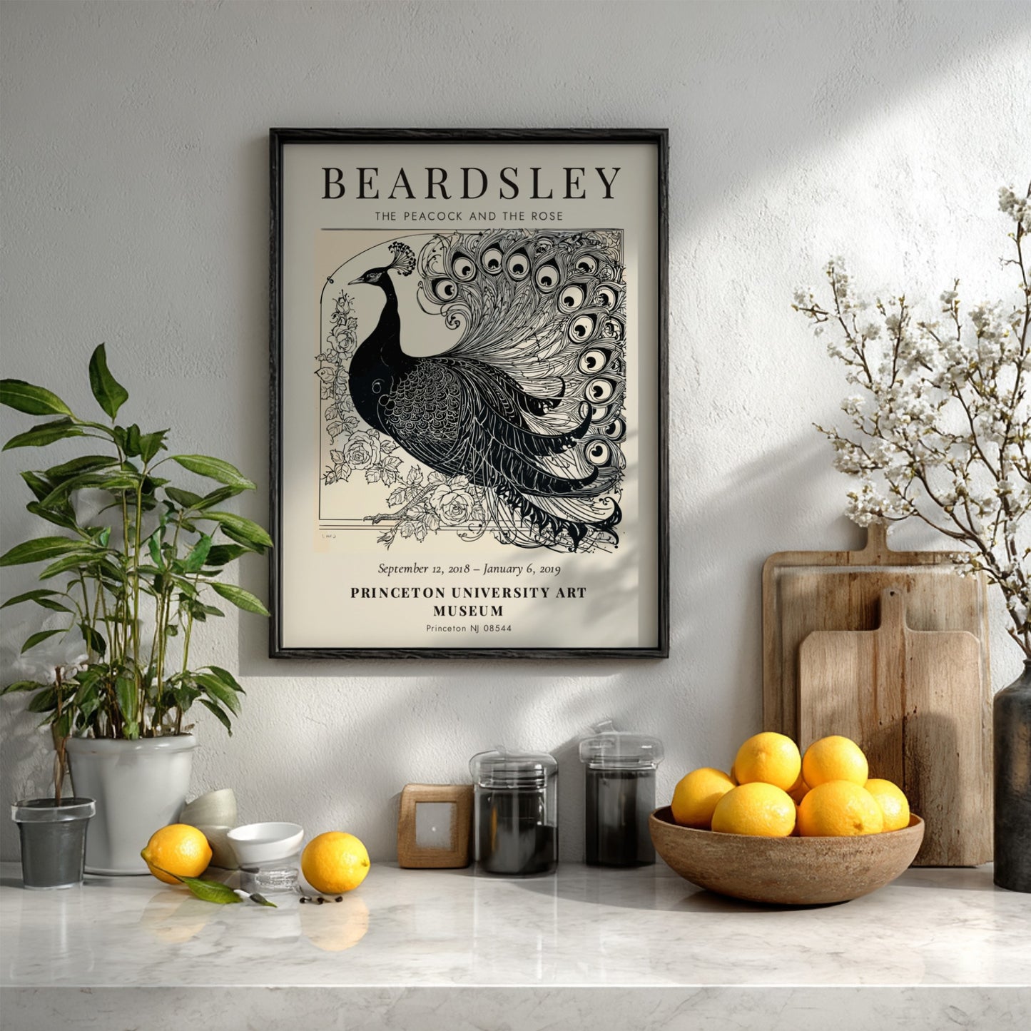 Aubrey Beardsley poster featuring The Peacock and the Rose in intricate black and white design
