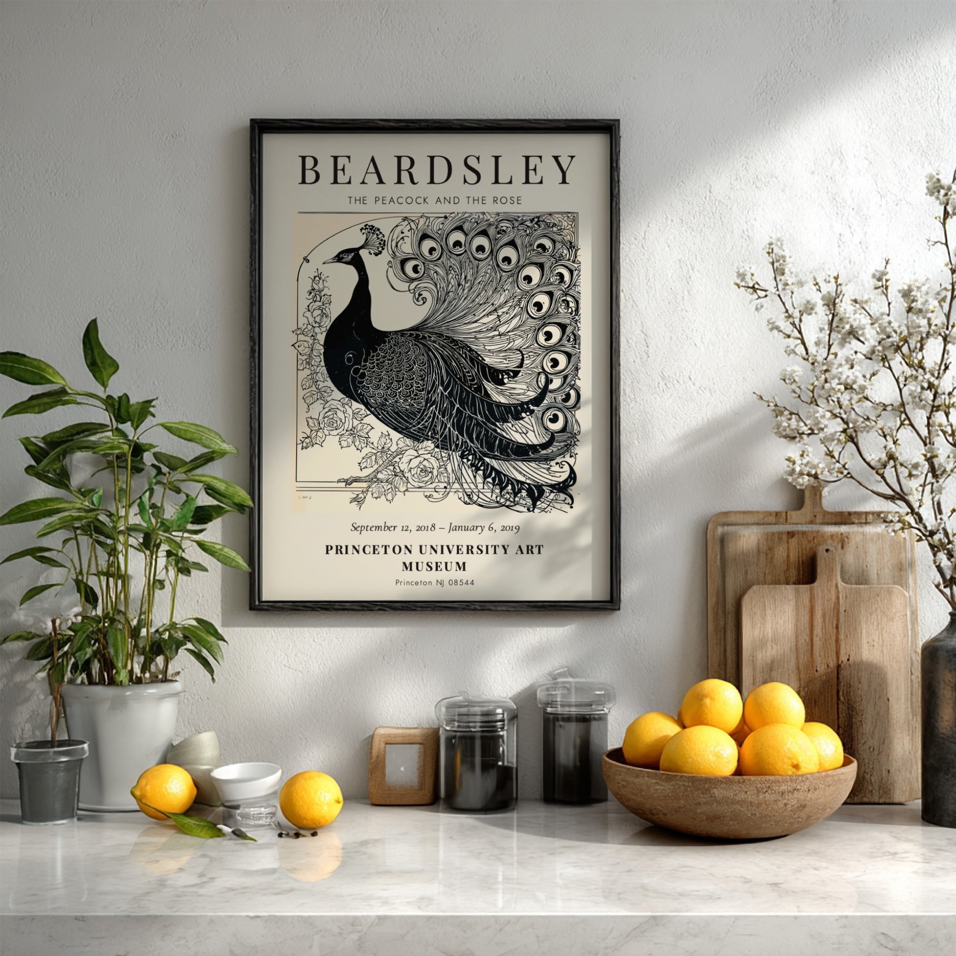 Aubrey Beardsley poster featuring The Peacock and the Rose in intricate black and white design