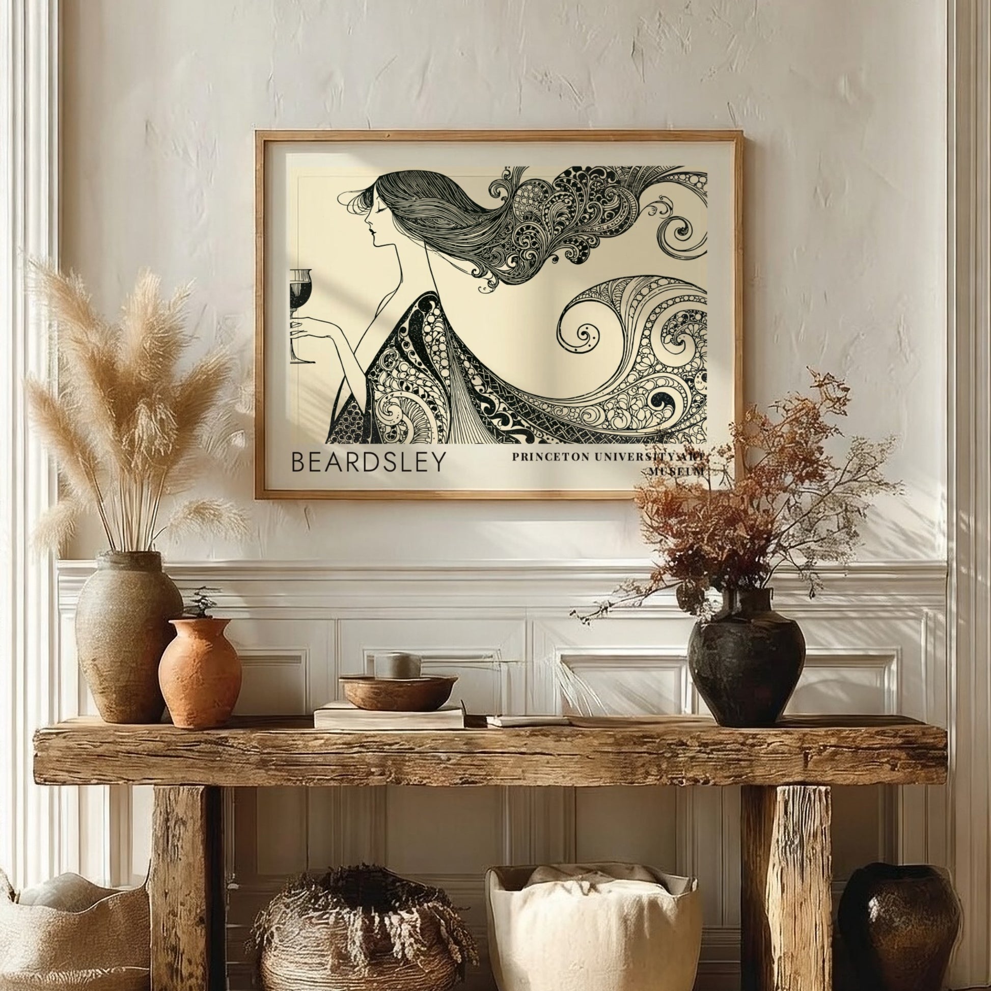 Wall art poster featuring Aubrey Beardsley's The Peacock and the Rose in black ink