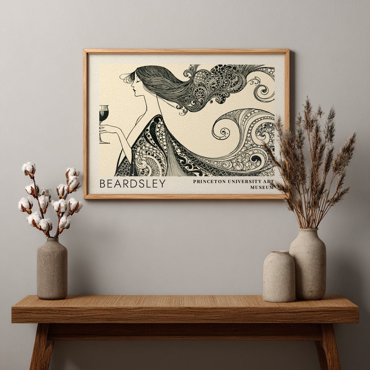 Wall art poster featuring Aubrey Beardsley's The Peacock and the Rose in black ink