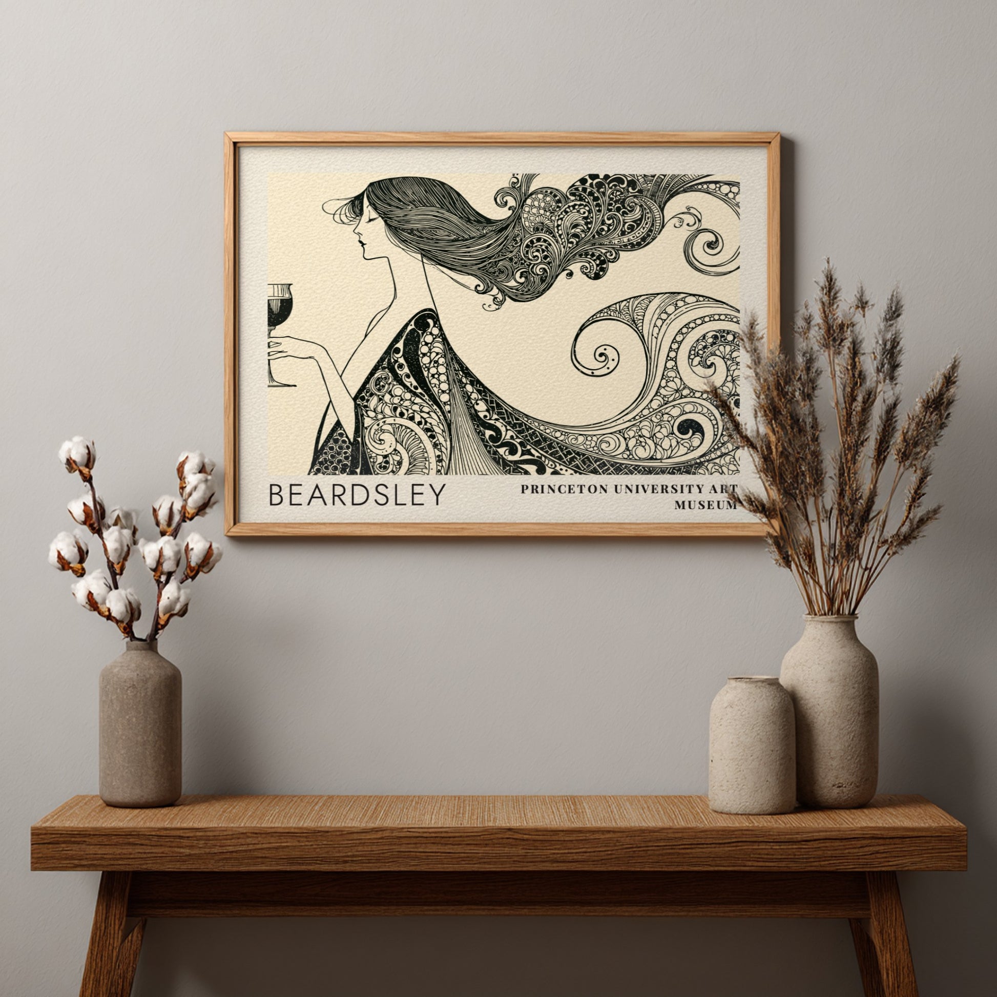 Wall art poster featuring Aubrey Beardsley's The Peacock and the Rose in black ink