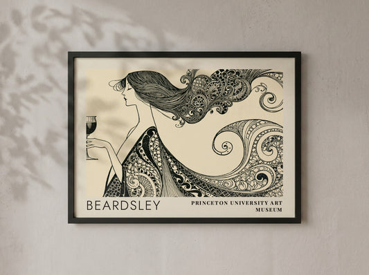 Wall art poster featuring Aubrey Beardsley's The Peacock and the Rose in black ink