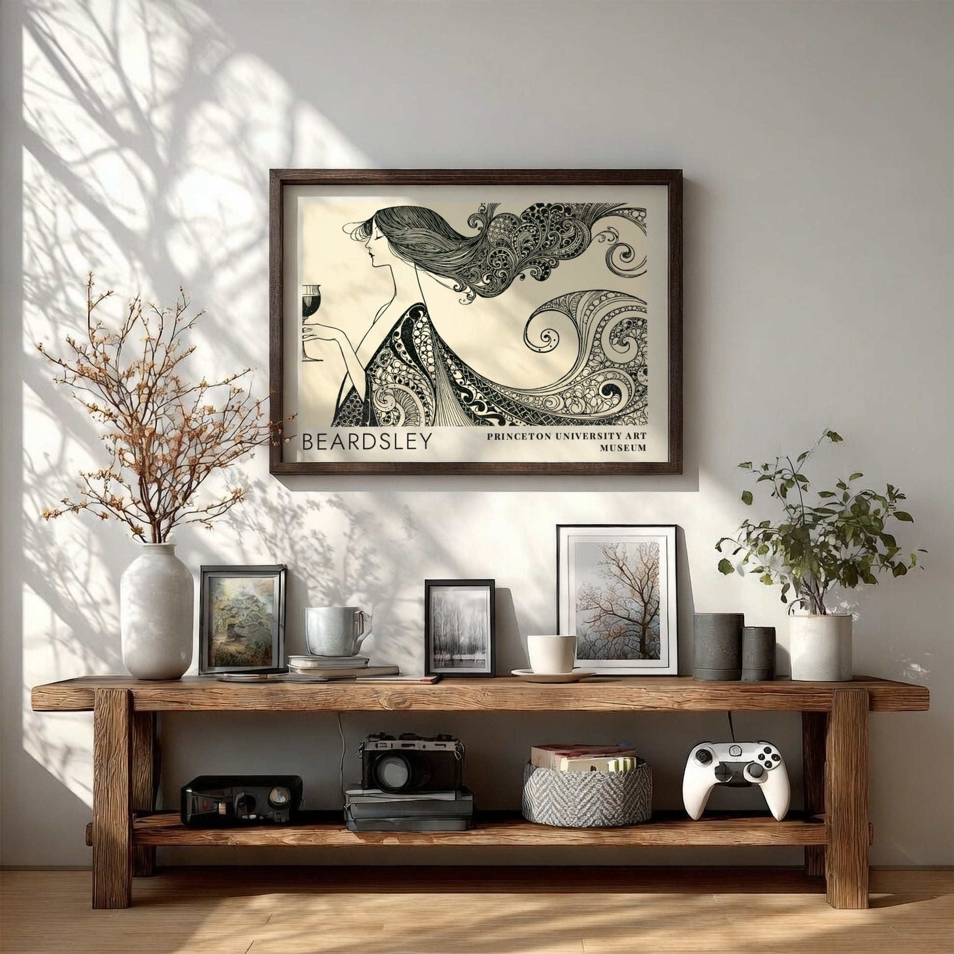 Wall art poster featuring Aubrey Beardsley's The Peacock and the Rose in black ink