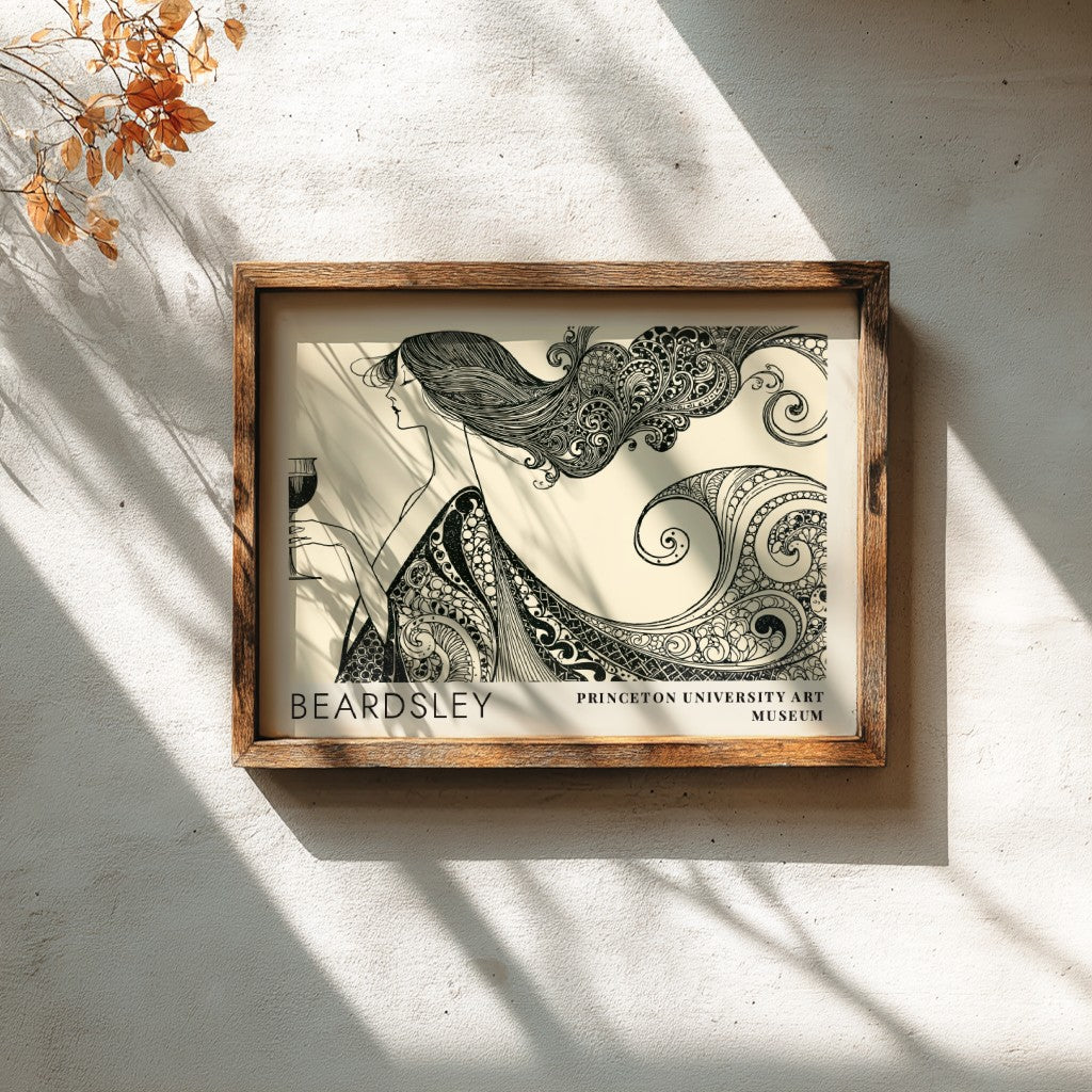 Wall art poster featuring Aubrey Beardsley's The Peacock and the Rose in black ink