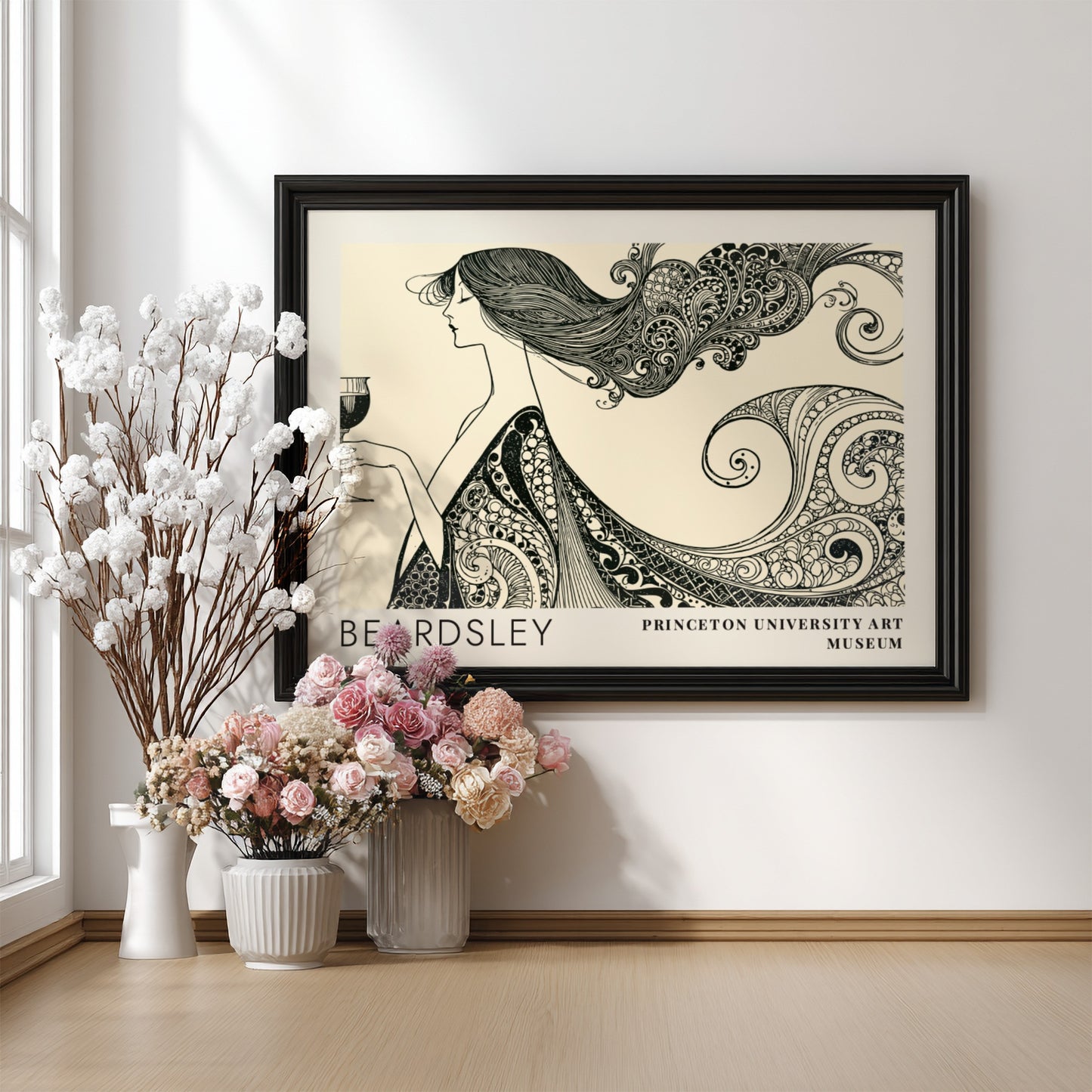 Wall art poster featuring Aubrey Beardsley's The Peacock and the Rose in black ink
